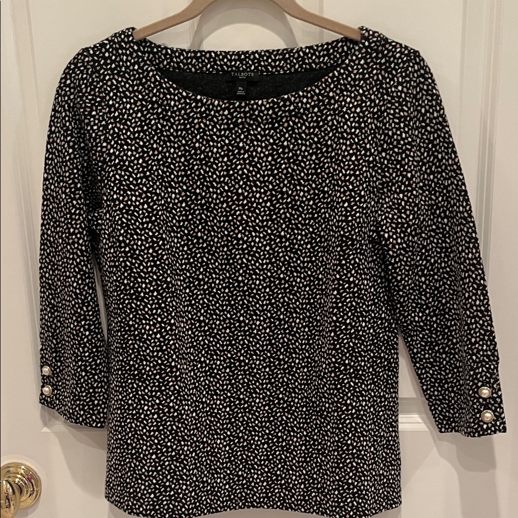 Talbots Size Medium Petite Top Black W/ Cream And Gold Dots.
